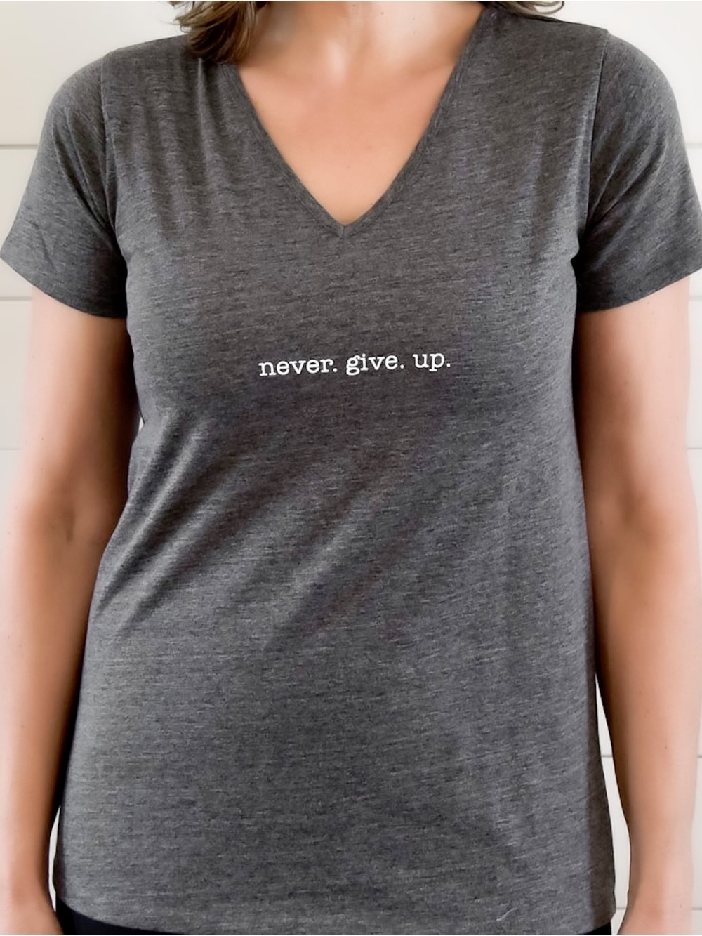 Never. Give. Up. Women's V-Neck Tee - Charcoal